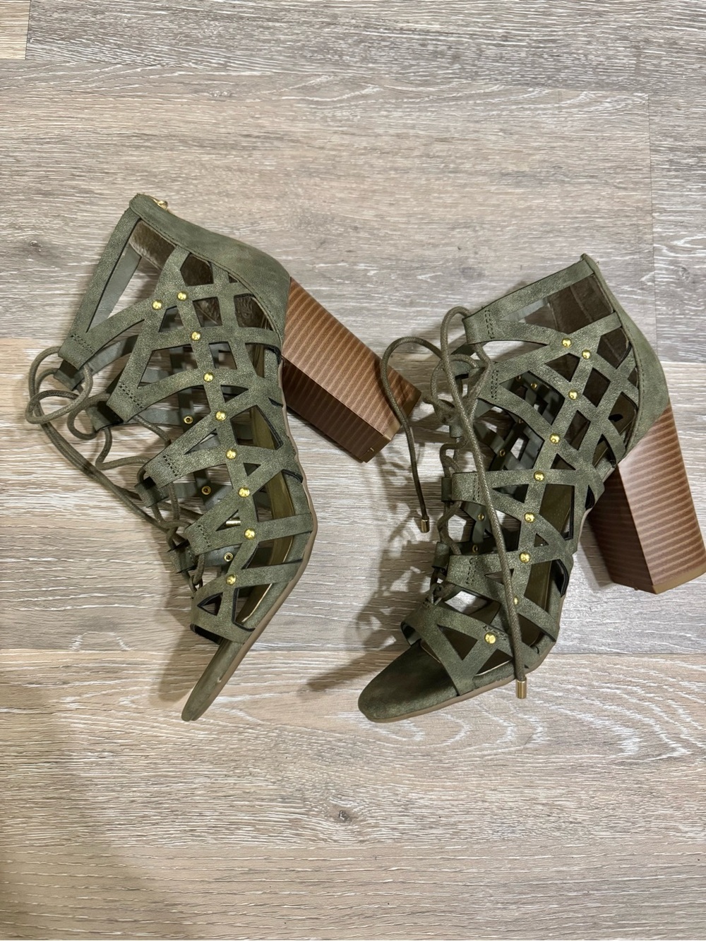 G by Guess Olive Green Lace-Up Caged Block Heel Sandals
